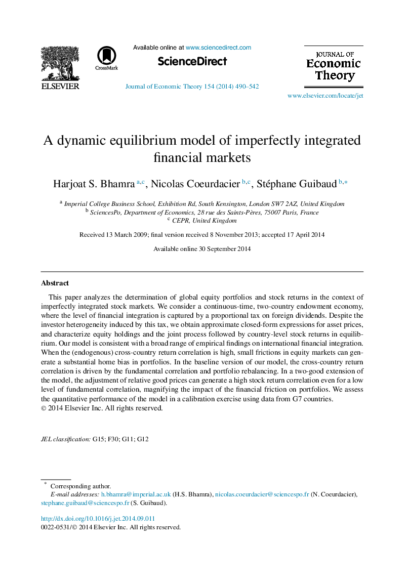 A dynamic equilibrium model of imperfectly integrated financial markets