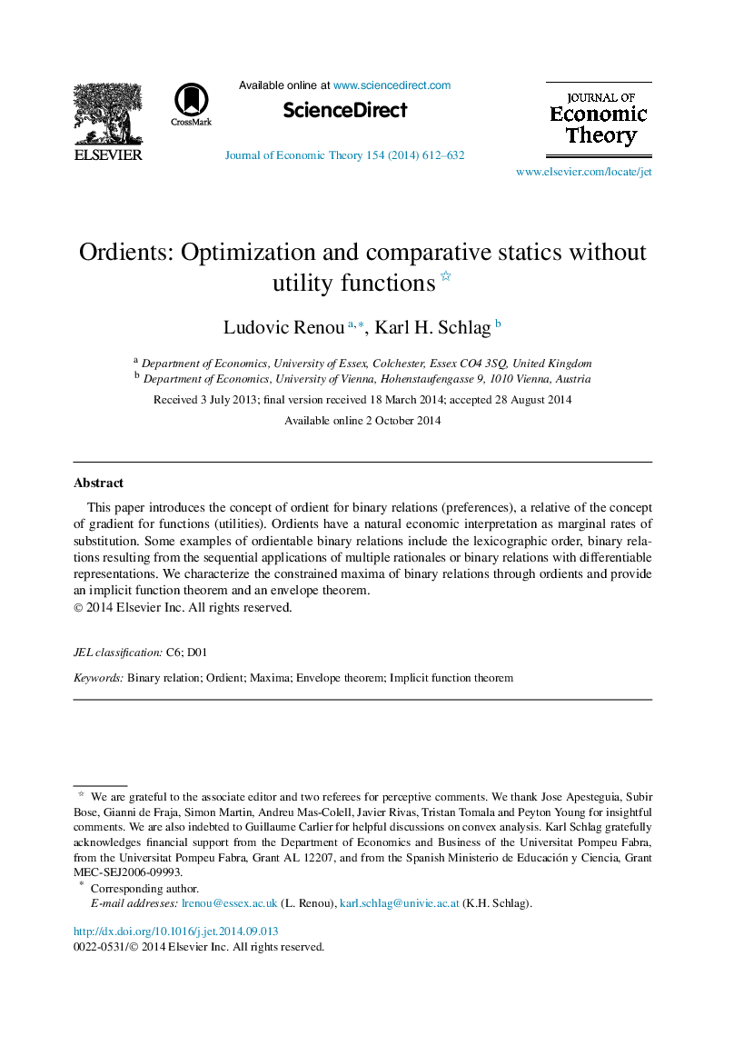 Ordients: Optimization and comparative statics without utility functions