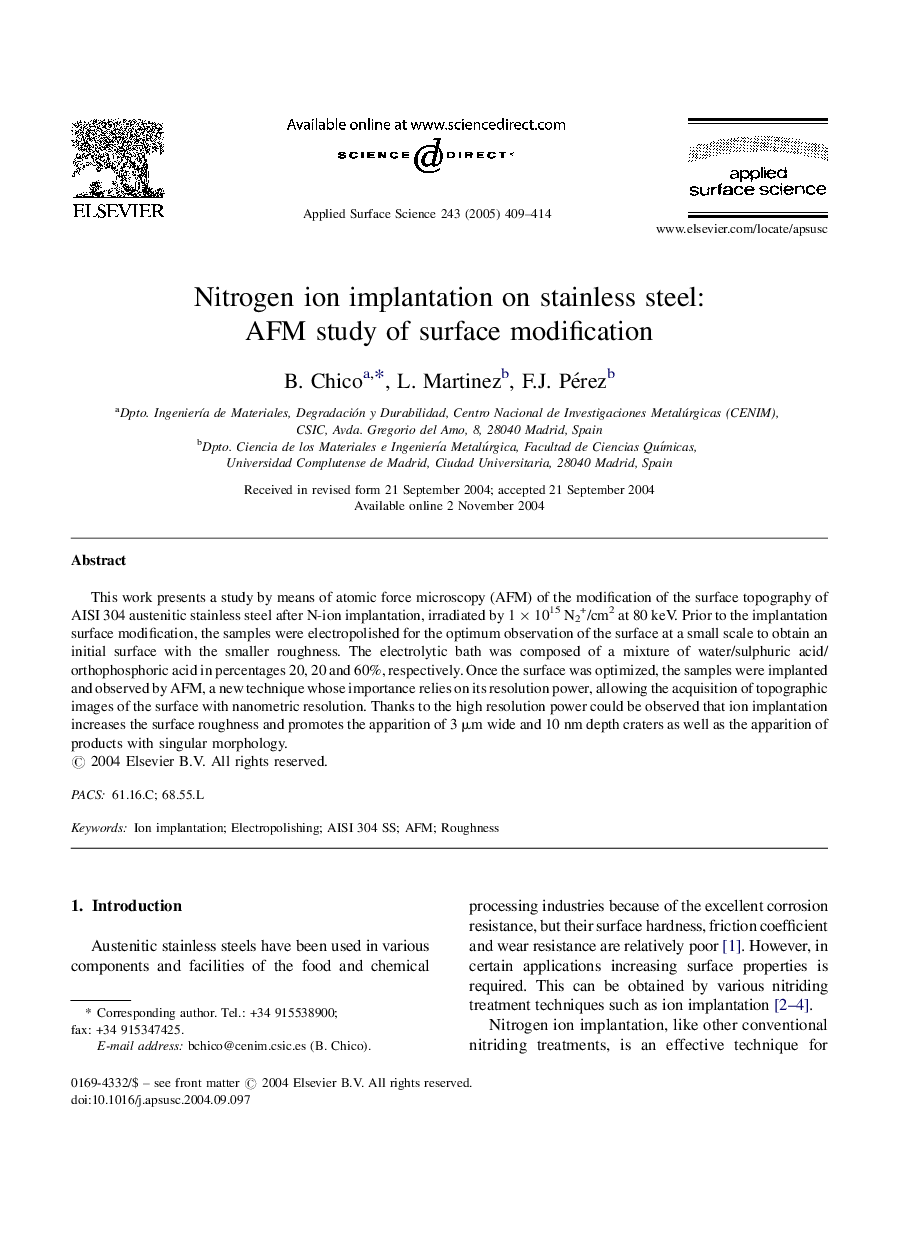 Nitrogen ion implantation on stainless steel: AFM study of surface modification