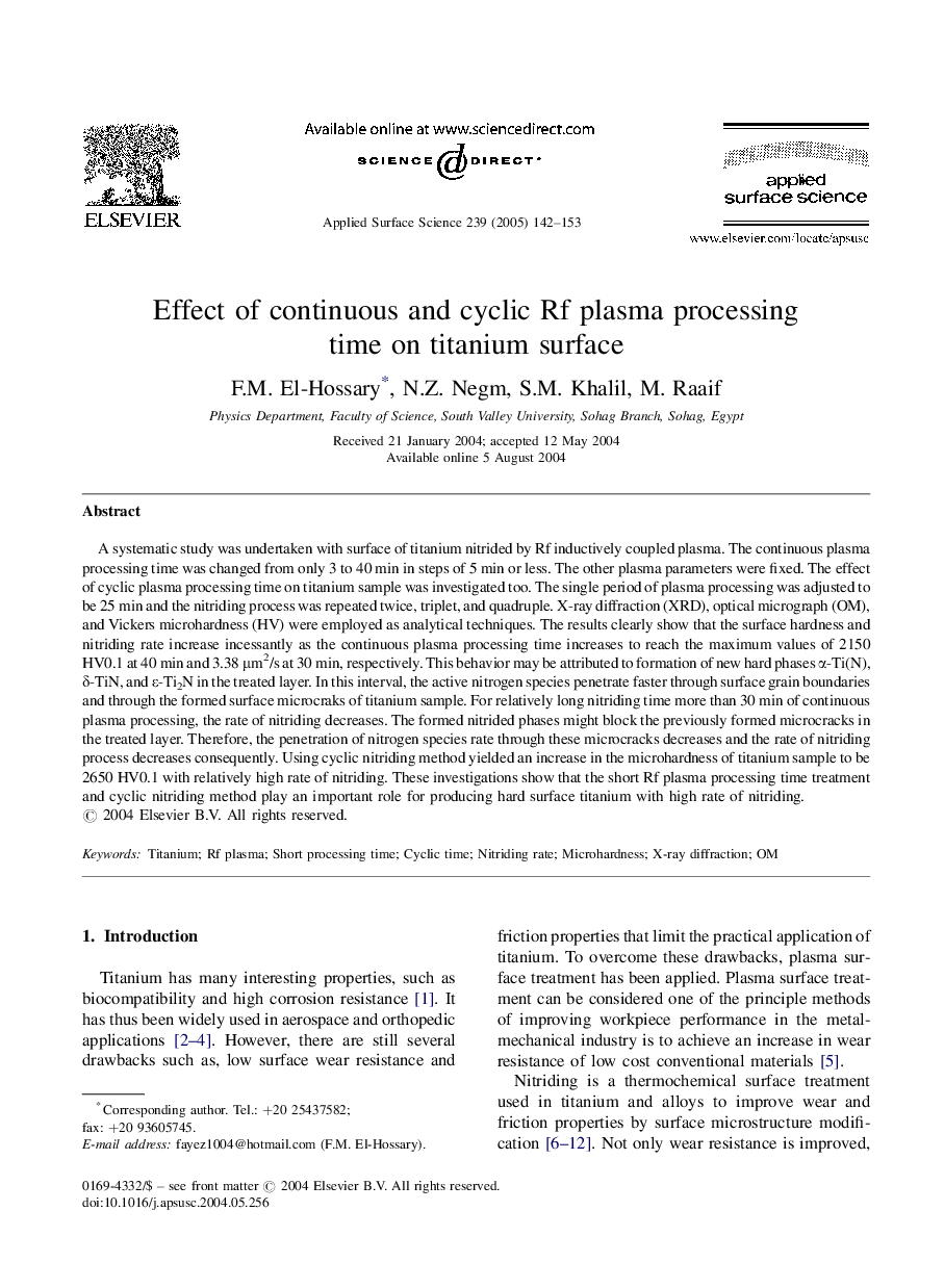 Effect of continuous and cyclic Rf plasma processing time on titanium surface