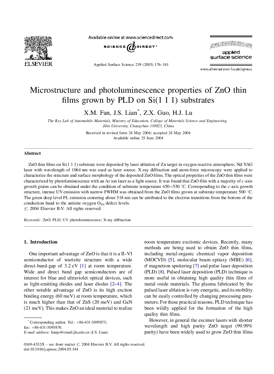 Microstructure and photoluminescence properties of ZnO thin films grown by PLD on Si(1Â 1Â 1) substrates