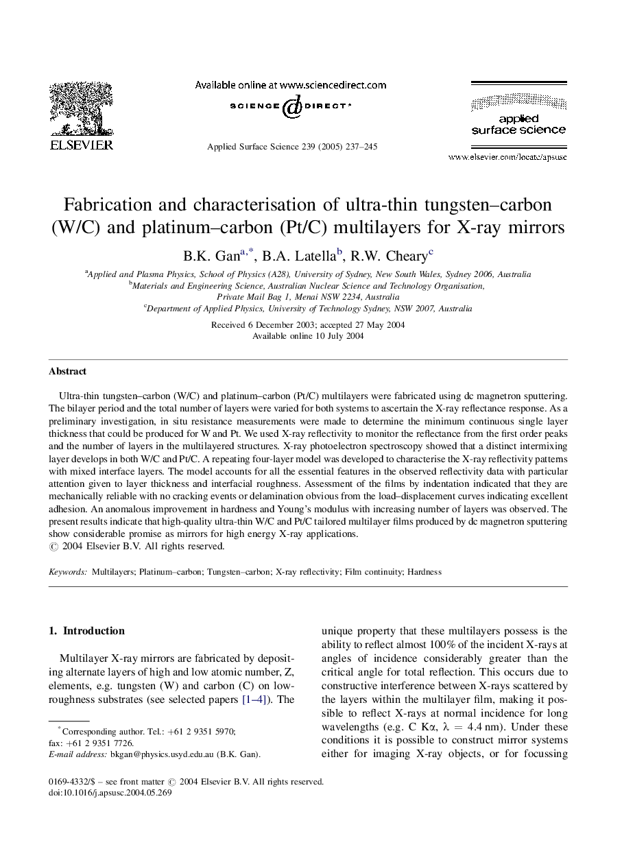 Fabrication and characterisation of ultra-thin tungsten-carbon (W/C) and platinum-carbon (Pt/C) multilayers for X-ray mirrors