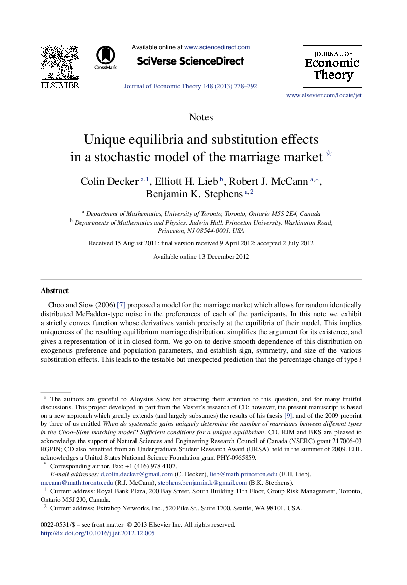 Unique equilibria and substitution effects in a stochastic model of the marriage market 