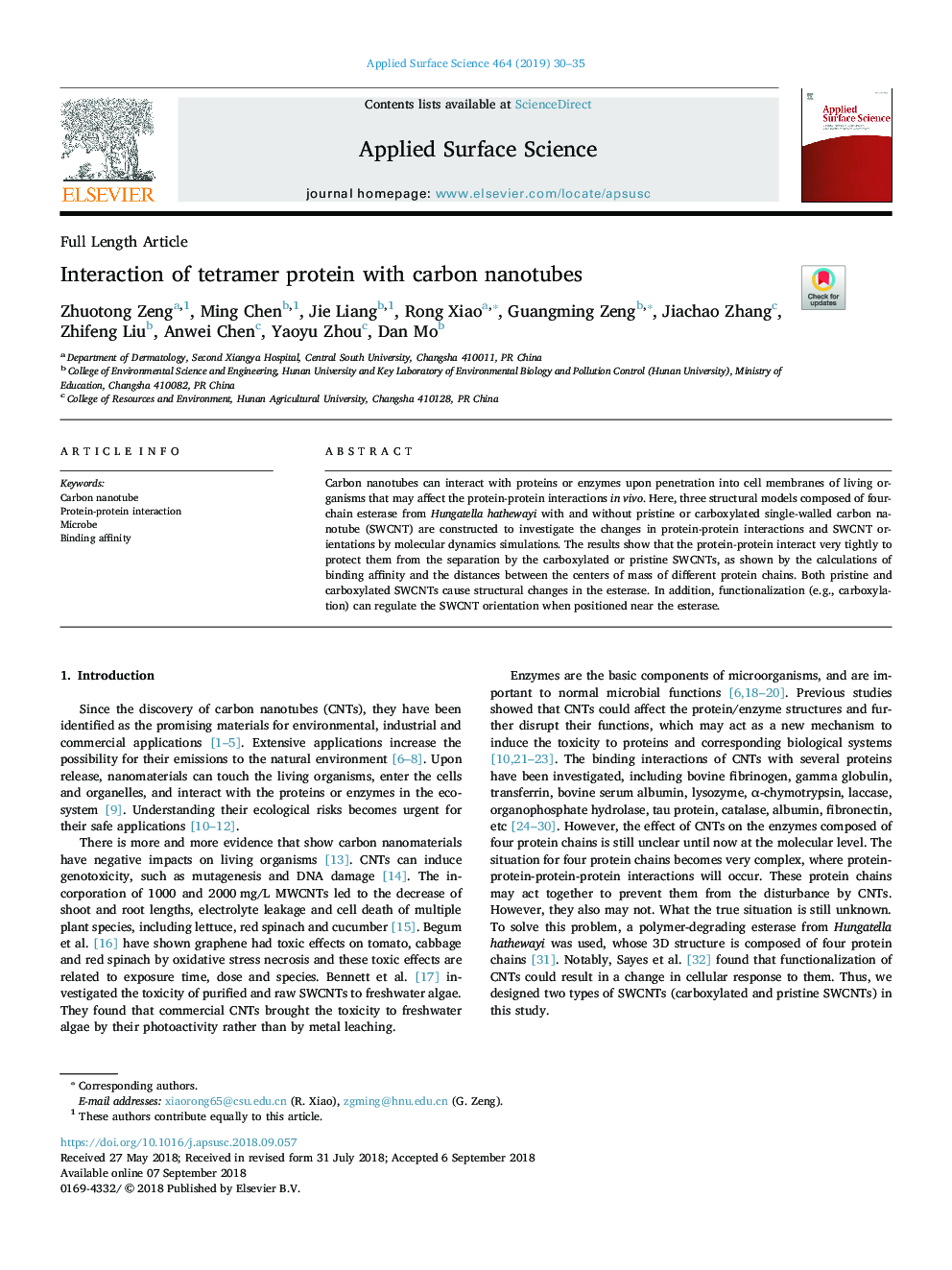 Interaction of tetramer protein with carbon nanotubes