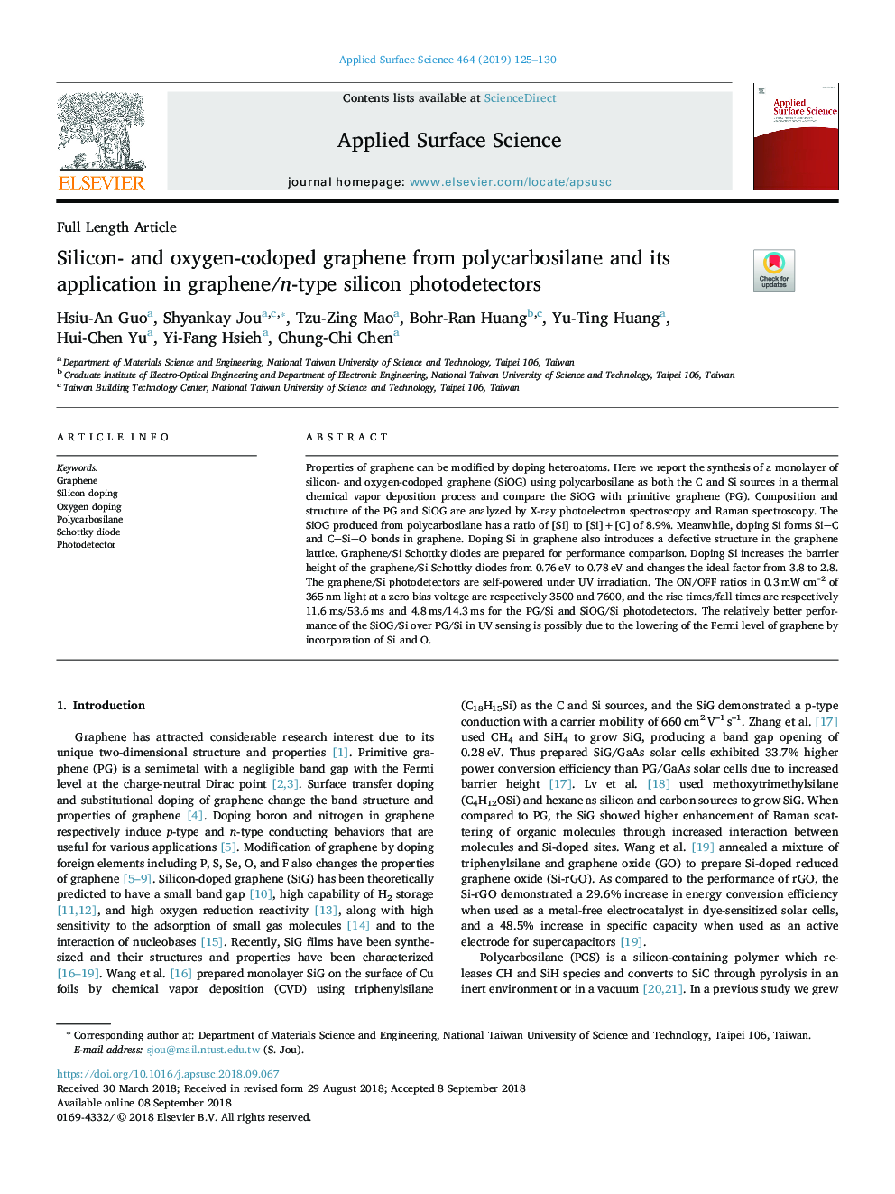 Silicon- and oxygen-codoped graphene from polycarbosilane and its application in graphene/n-type silicon photodetectors