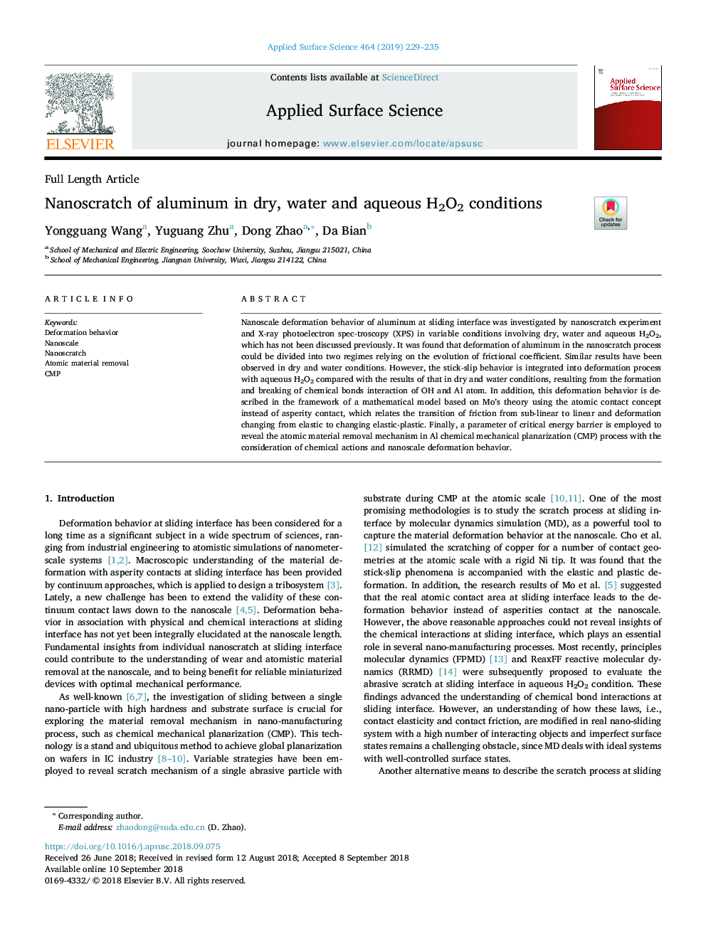 Nanoscratch of aluminum in dry, water and aqueous H2O2 conditions