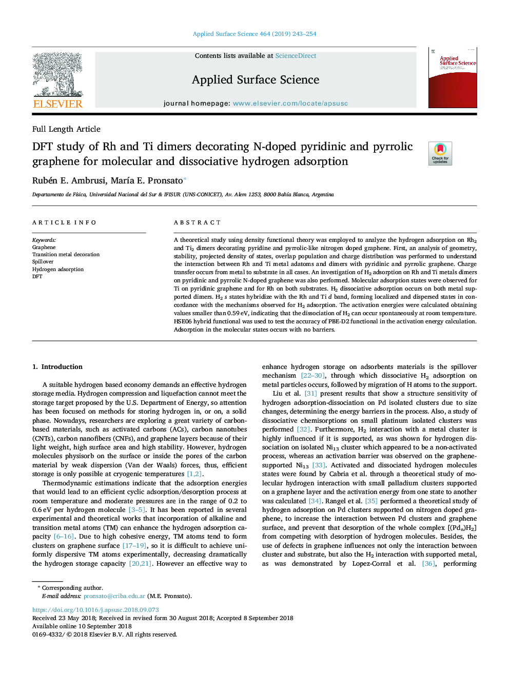 DFT study of Rh and Ti dimers decorating N-doped pyridinic and pyrrolic graphene for molecular and dissociative hydrogen adsorption