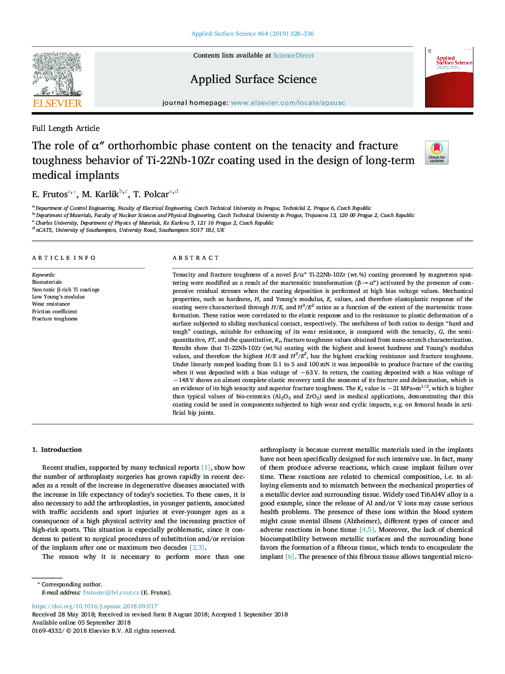 The role of Î±â³ orthorhombic phase content on the tenacity and fracture toughness behavior of Ti-22Nb-10Zr coating used in the design of long-term medical implants