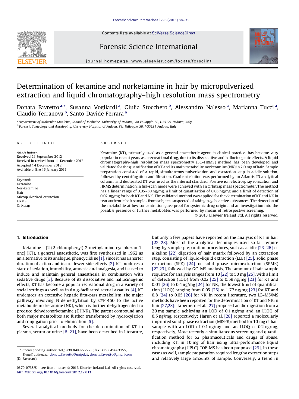 Determination of ketamine and norketamine in hair by micropulverized extraction and liquid chromatography–high resolution mass spectrometry