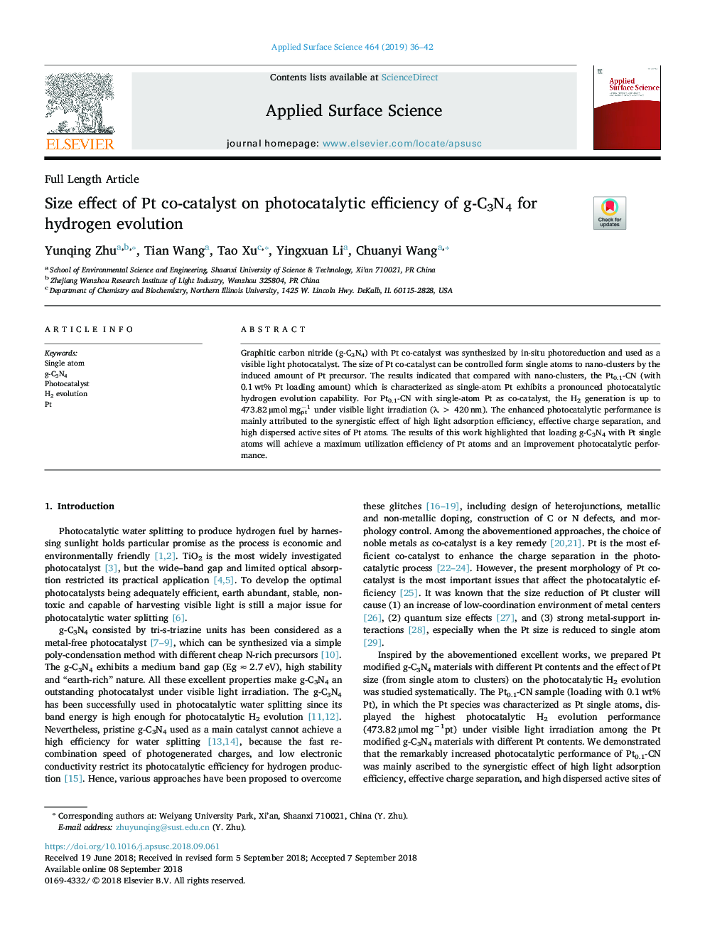 Size effect of Pt co-catalyst on photocatalytic efficiency of g-C3N4 for hydrogen evolution