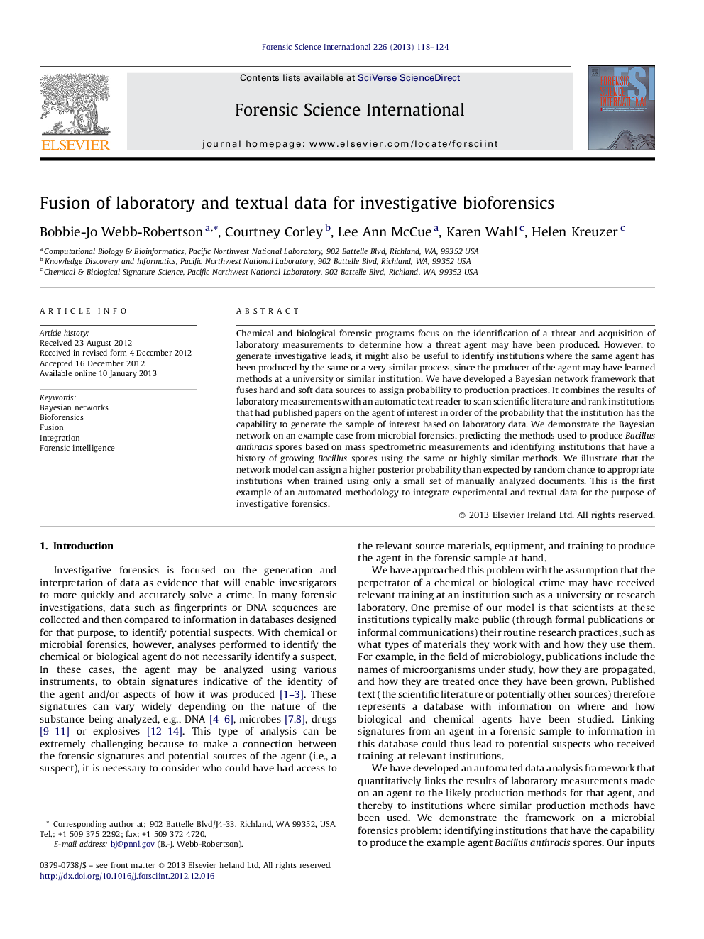 عکس صفحه اول مقاله: Fusion of laboratory and textual data for investigative bioforensics Fusion of laboratory and textual data for investigative bioforensics