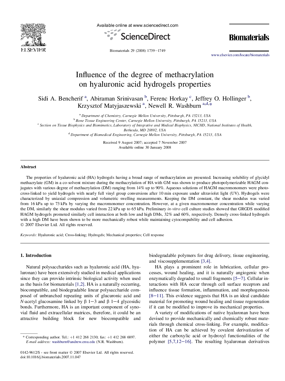 Influence of the degree of methacrylation on hyaluronic acid hydrogels properties