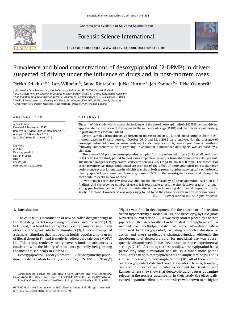 Prevalence and blood concentrations of desoxypipradrol (2-DPMP) in drivers suspected of driving under the influence of drugs and in post-mortem cases