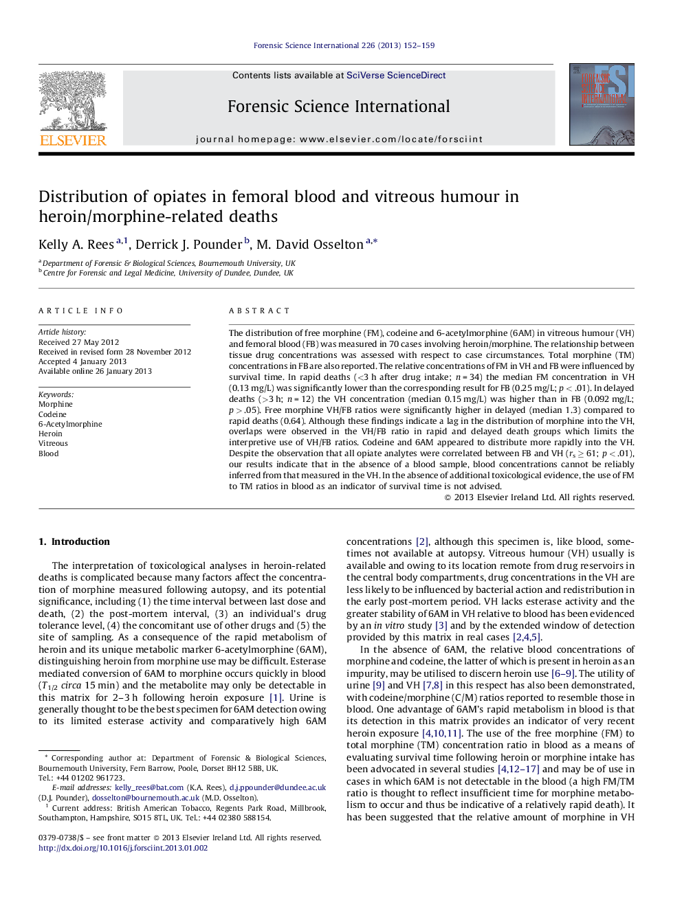 Distribution of opiates in femoral blood and vitreous humour in heroin/morphine-related deaths