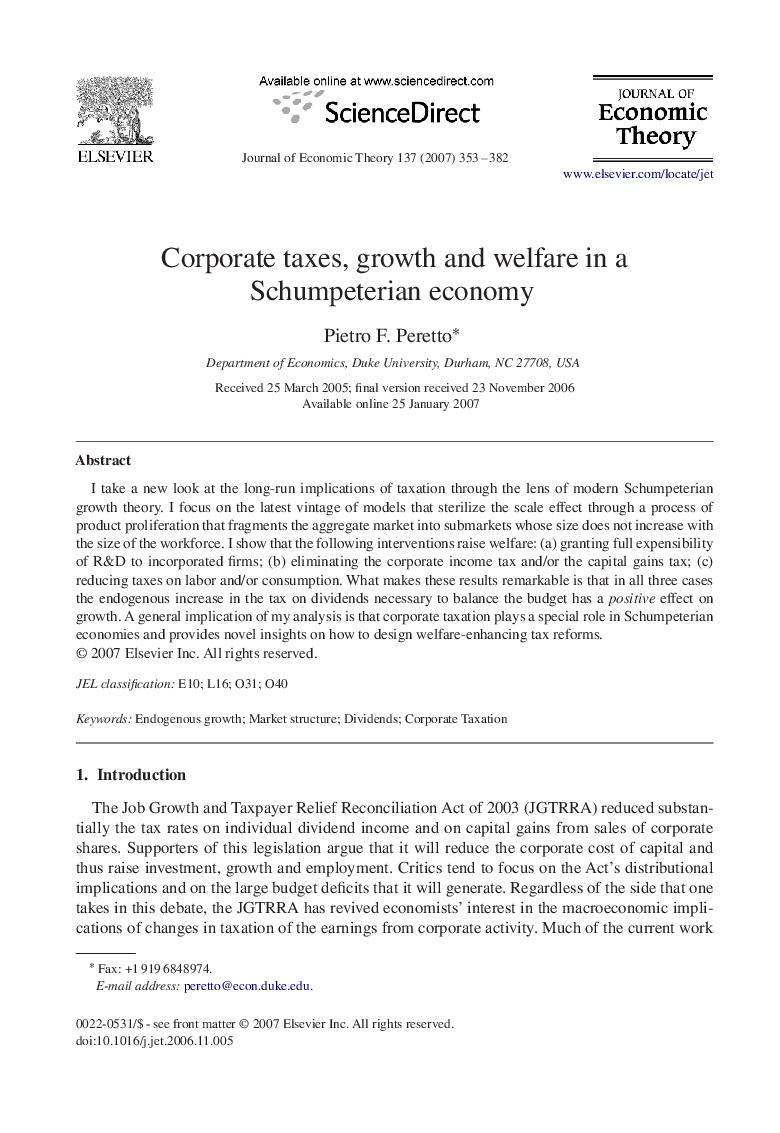 Corporate taxes, growth and welfare in a Schumpeterian economy