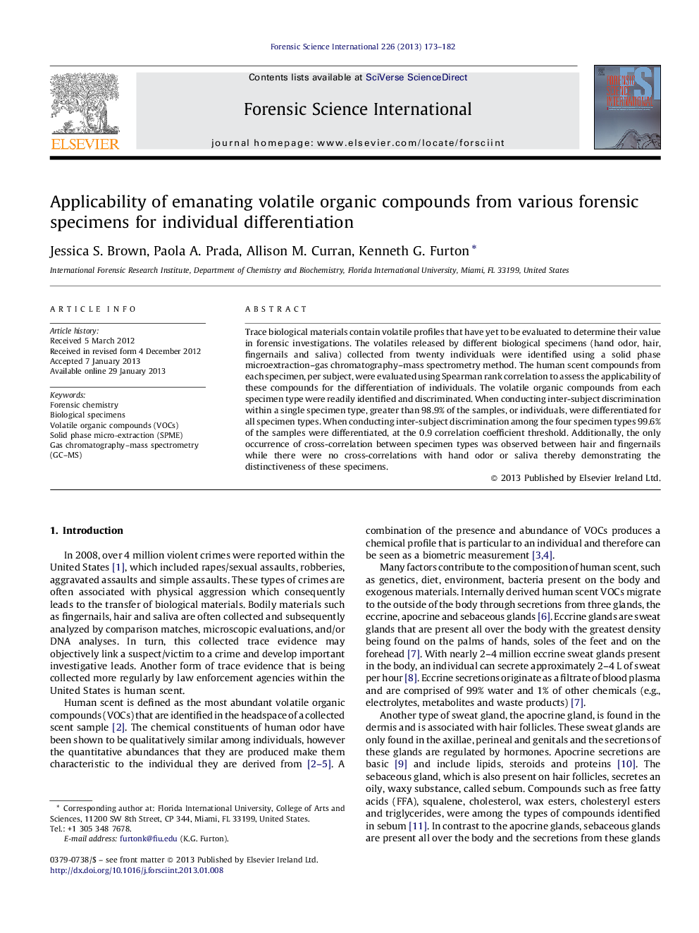 Applicability of emanating volatile organic compounds from various forensic specimens for individual differentiation