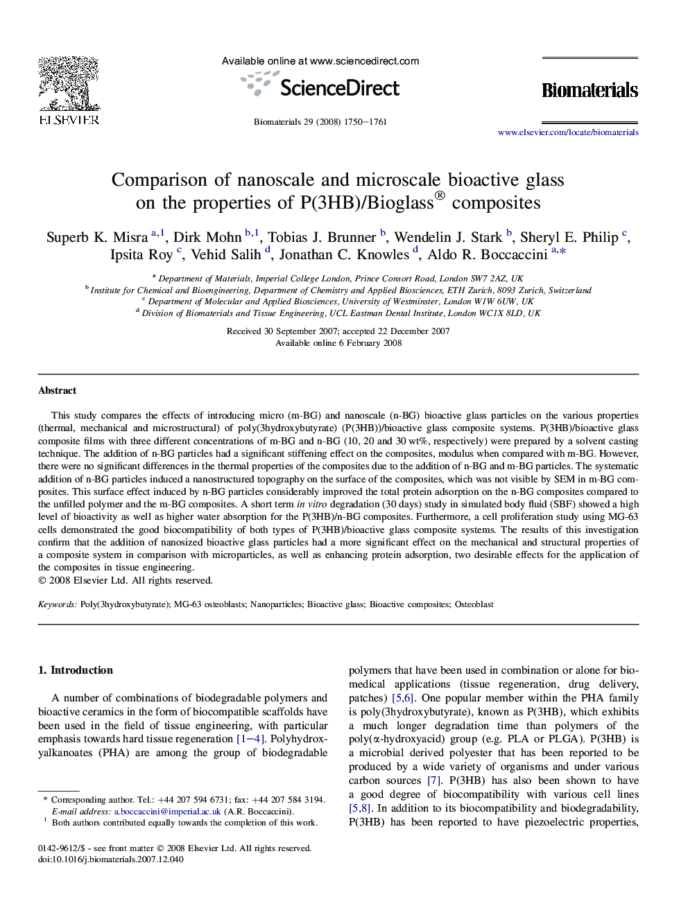 Comparison of nanoscale and microscale bioactive glass on the properties of P(3HB)/Bioglass® composites