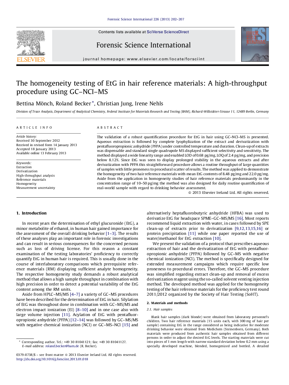 The homogeneity testing of EtG in hair reference materials: A high-throughput procedure using GC–NCI–MS