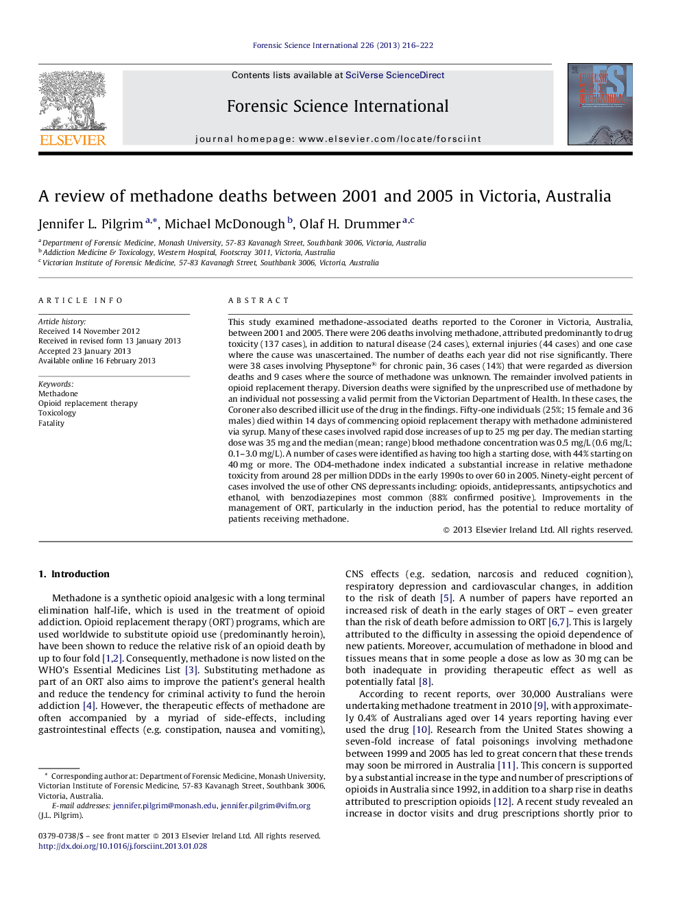 A review of methadone deaths between 2001 and 2005 in Victoria, Australia