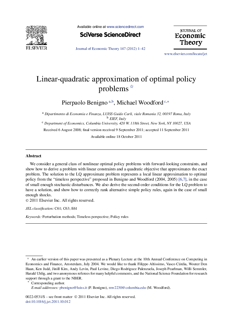 Linear-quadratic approximation of optimal policy problems