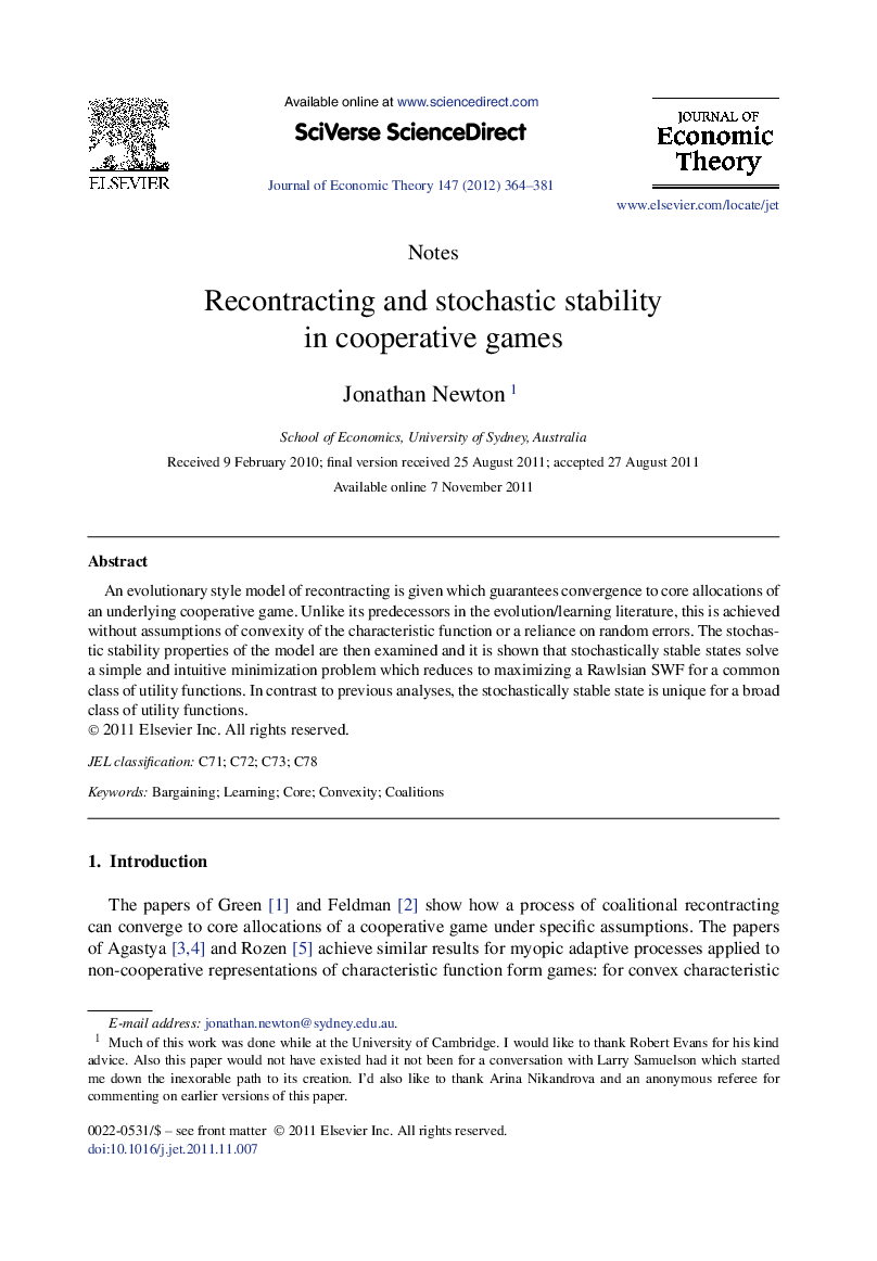 Recontracting and stochastic stability in cooperative games