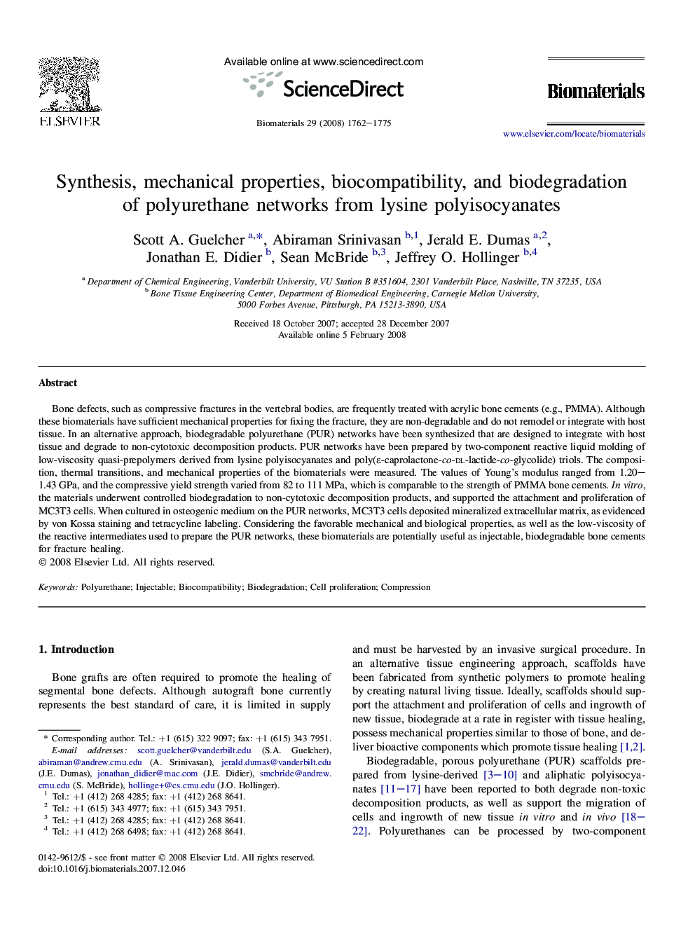 Synthesis, mechanical properties, biocompatibility, and biodegradation of polyurethane networks from lysine polyisocyanates