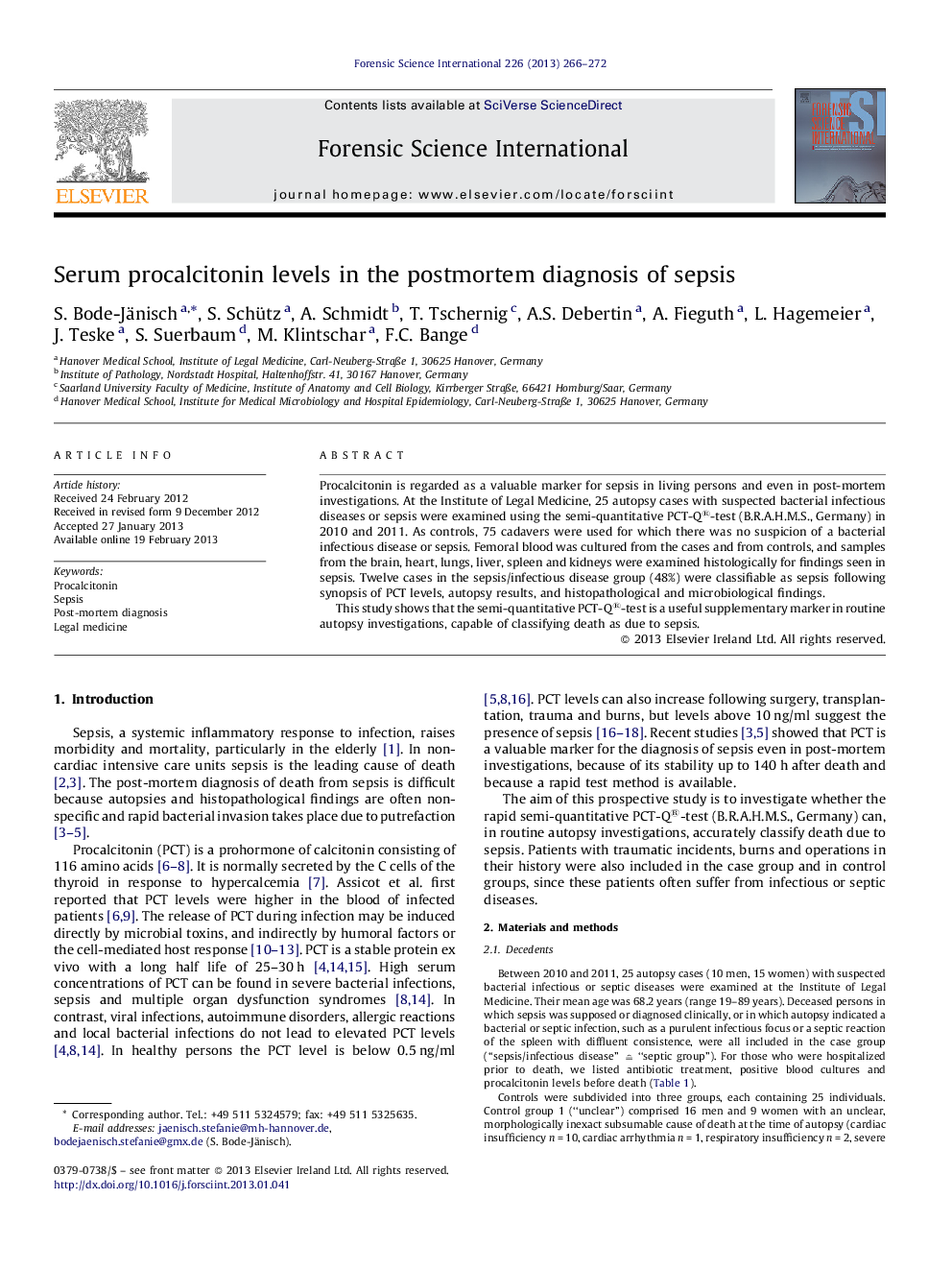 Serum procalcitonin levels in the postmortem diagnosis of sepsis