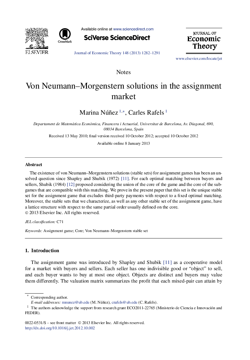 Von Neumann–Morgenstern solutions in the assignment market