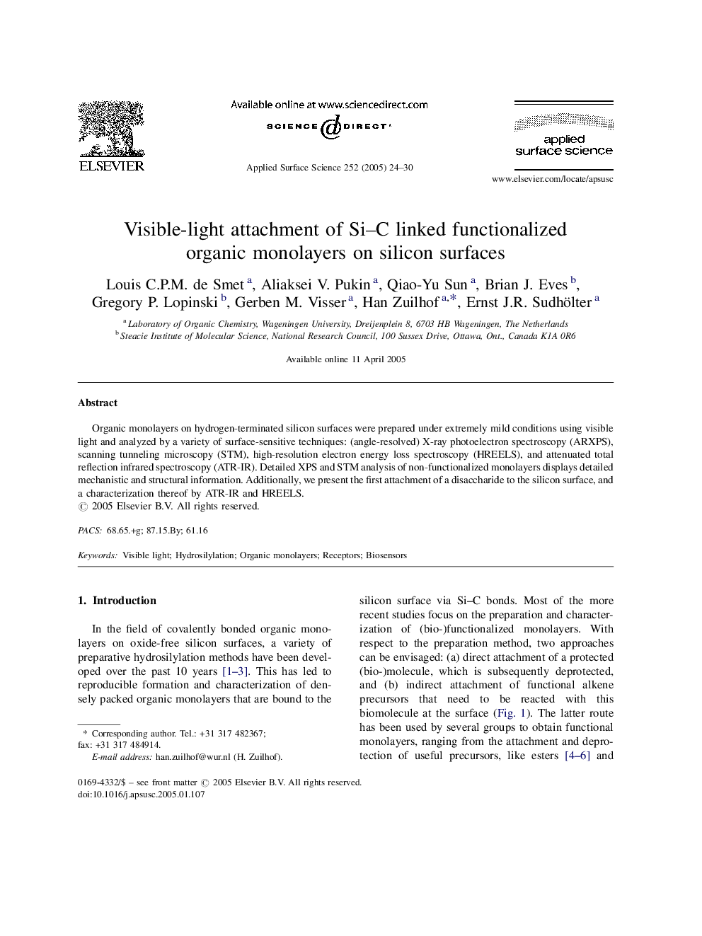 Visible-light attachment of SiC linked functionalized organic monolayers on silicon surfaces