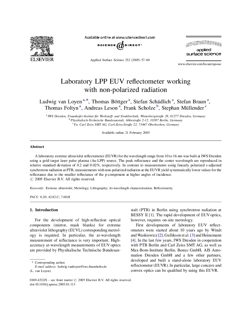 Laboratory LPP EUV reflectometer working with non-polarized radiation