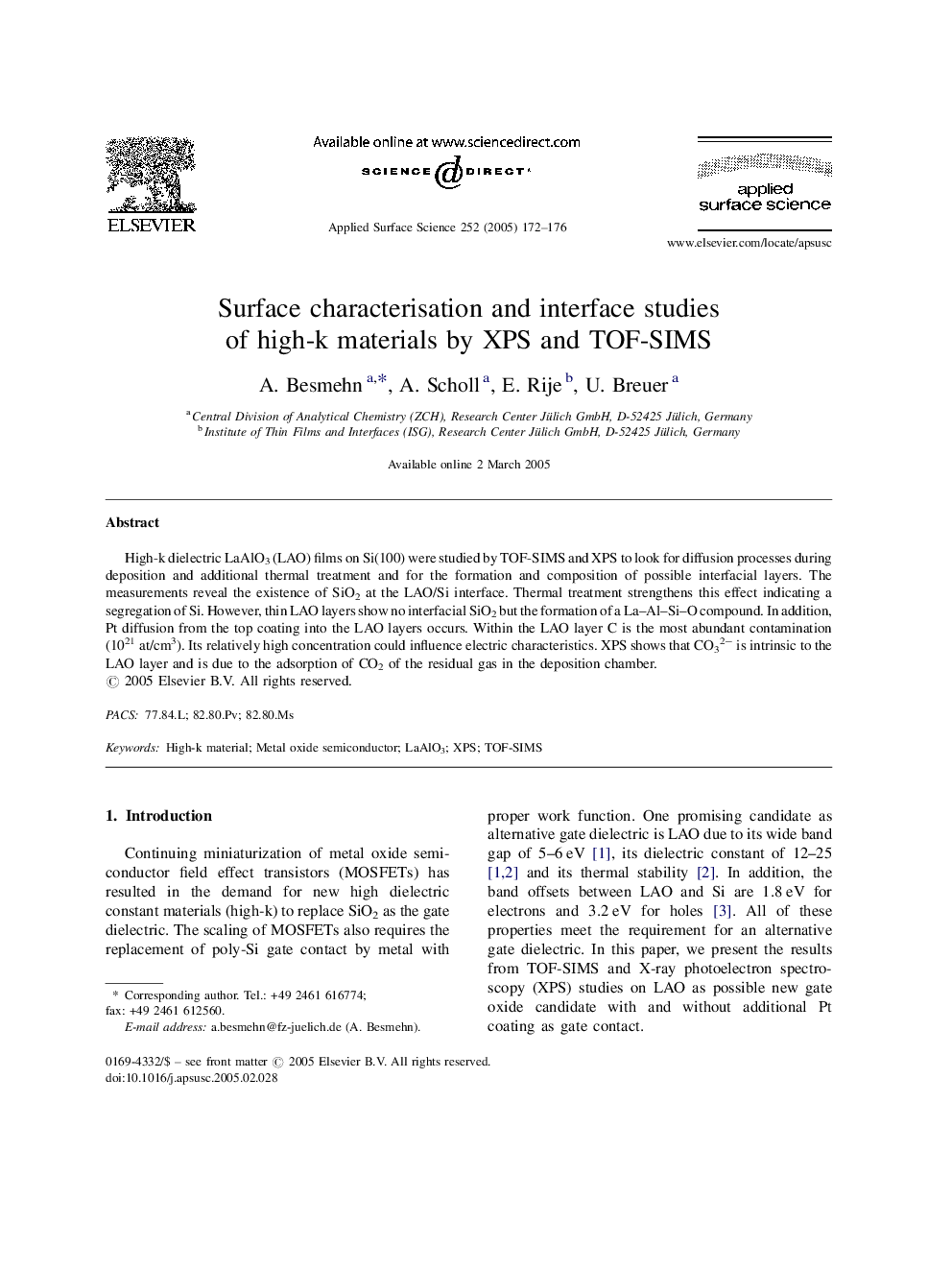 Surface characterisation and interface studies of high-k materials by XPS and TOF-SIMS