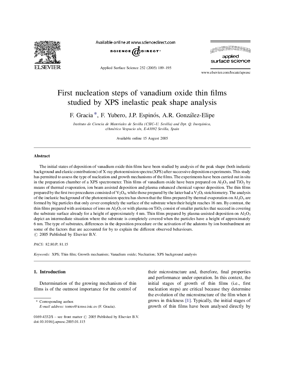 First nucleation steps of vanadium oxide thin films studied by XPS inelastic peak shape analysis