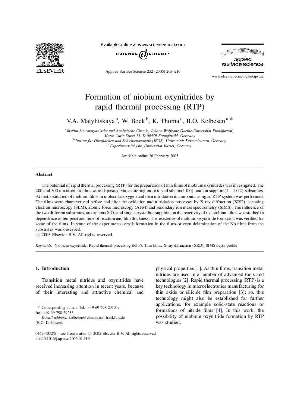 Formation of niobium oxynitrides by rapid thermal processing (RTP)