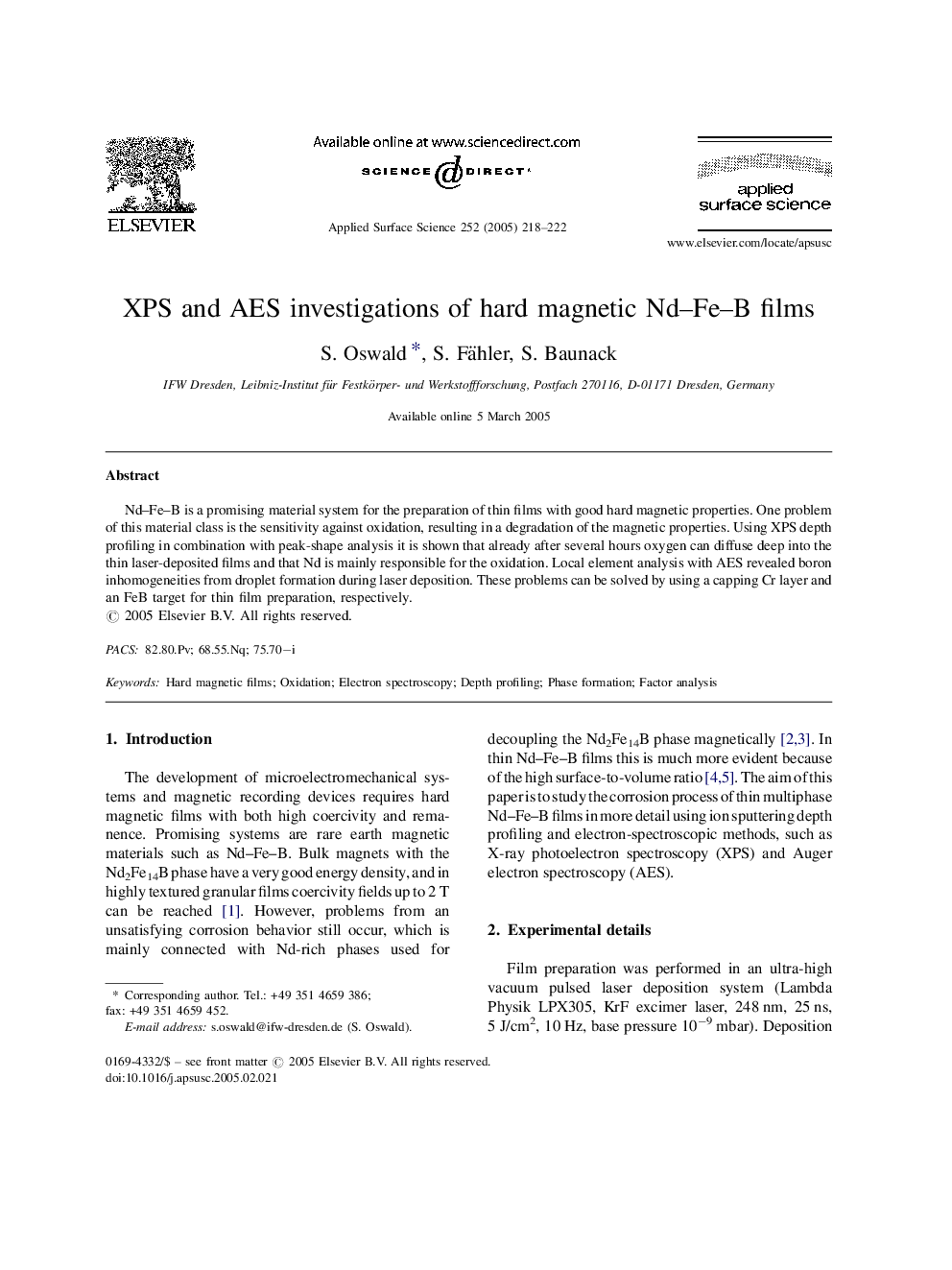 XPS and AES investigations of hard magnetic Nd-Fe-B films