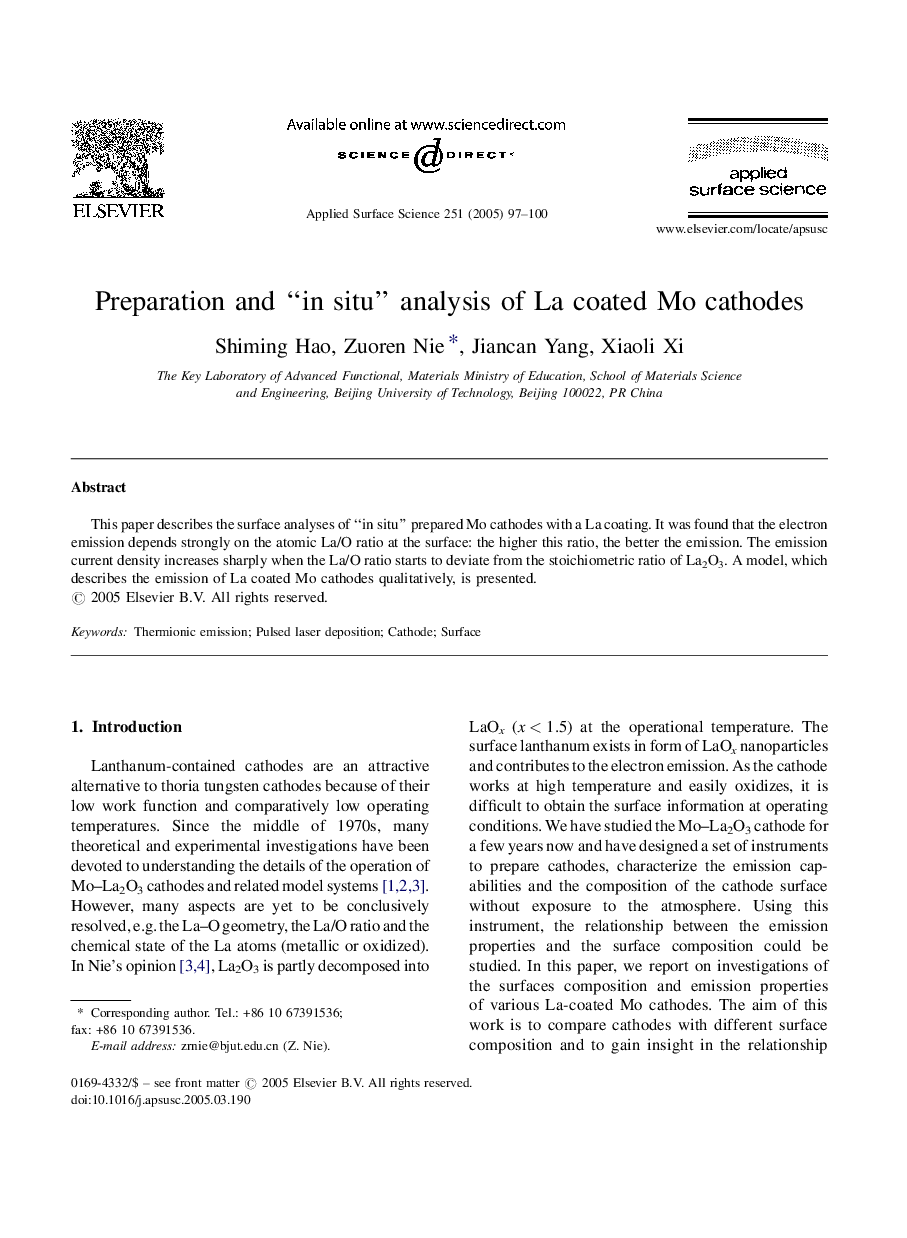 Preparation and “in situ” analysis of La coated Mo cathodes