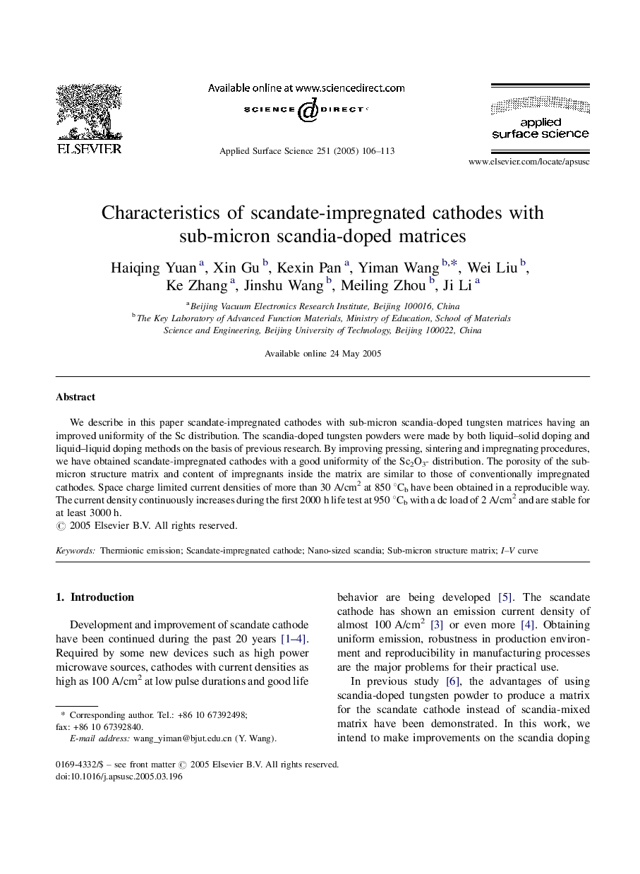 Characteristics of scandate-impregnated cathodes with sub-micron scandia-doped matrices