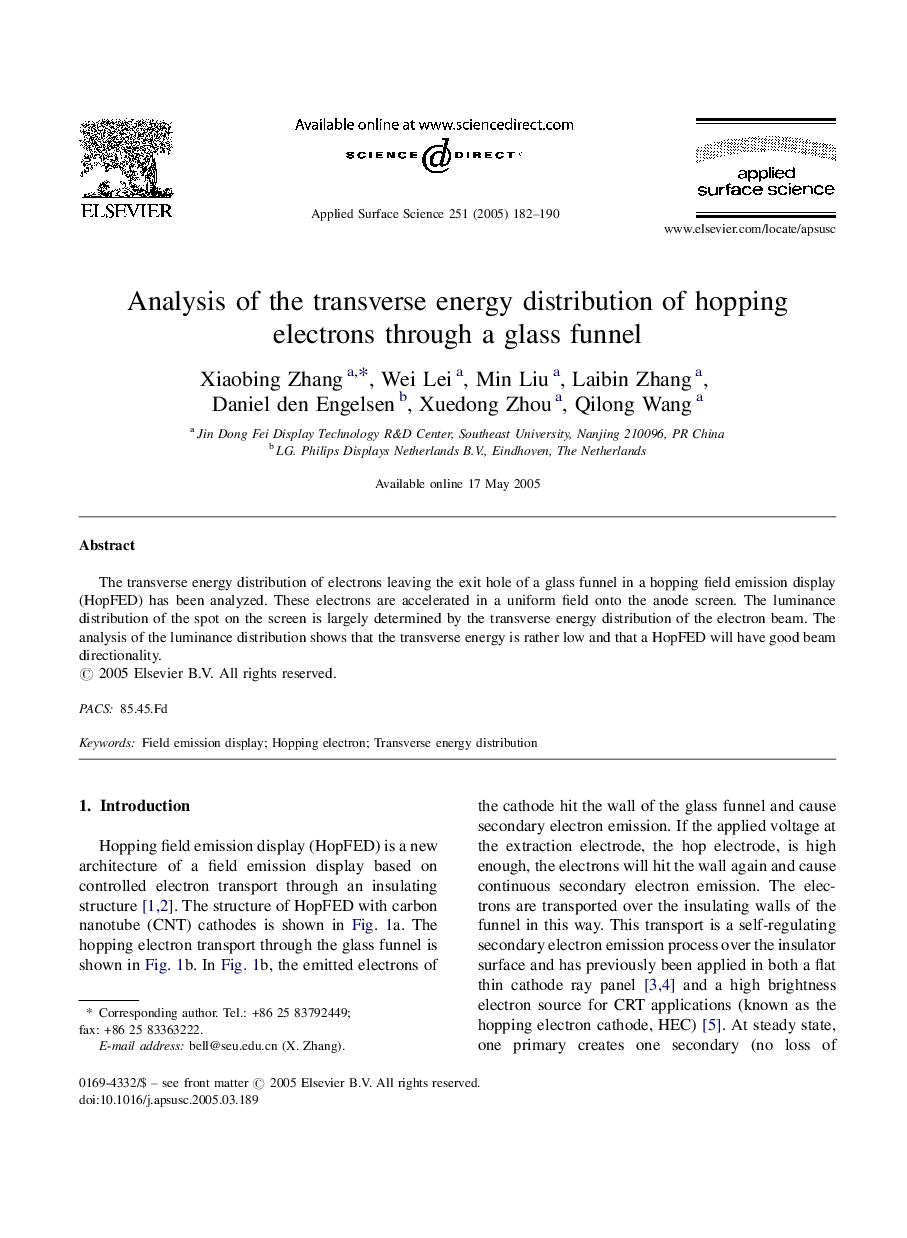 Analysis of the transverse energy distribution of hopping electrons through a glass funnel