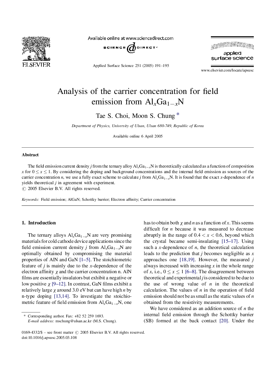 Analysis of the carrier concentration for field emission from AlxGa1âxN