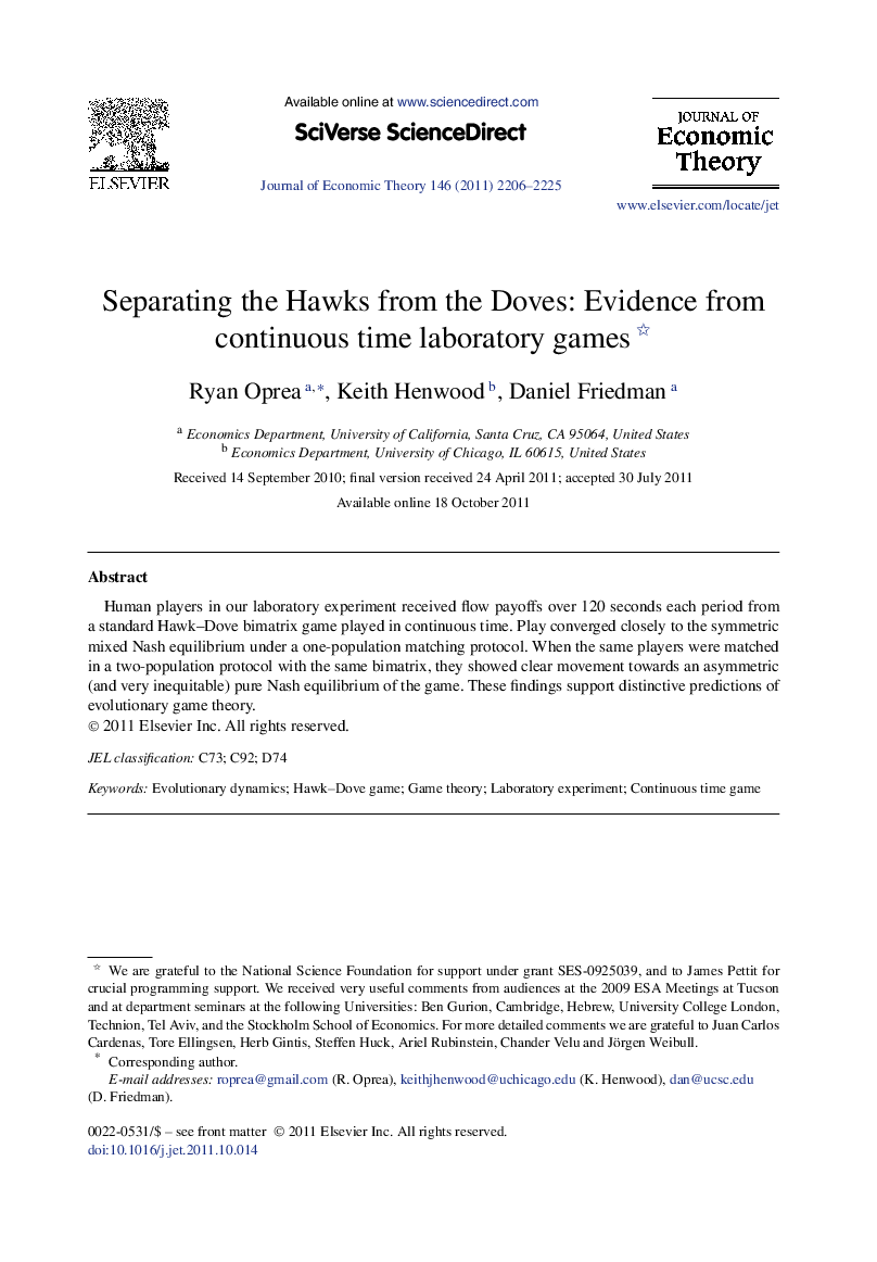 Separating the Hawks from the Doves: Evidence from continuous time laboratory games 