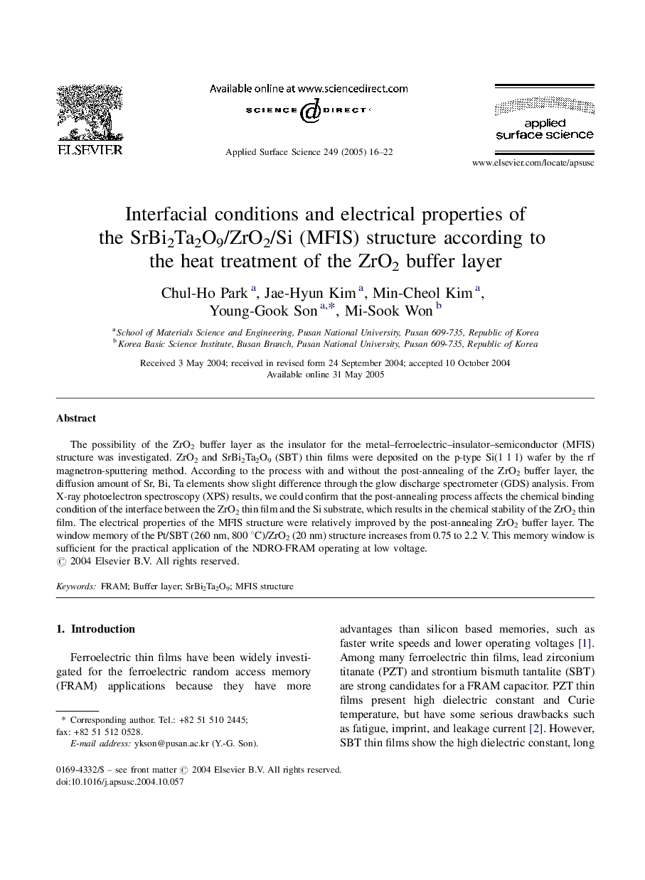 Interfacial conditions and electrical properties of the SrBi2Ta2O9/ZrO2/Si (MFIS) structure according to the heat treatment of the ZrO2 buffer layer