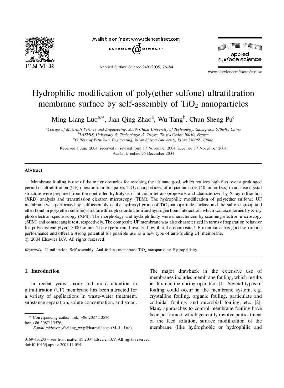 Hydrophilic modification of poly(ether sulfone) ultrafiltration membrane surface by self-assembly of TiO2 nanoparticles