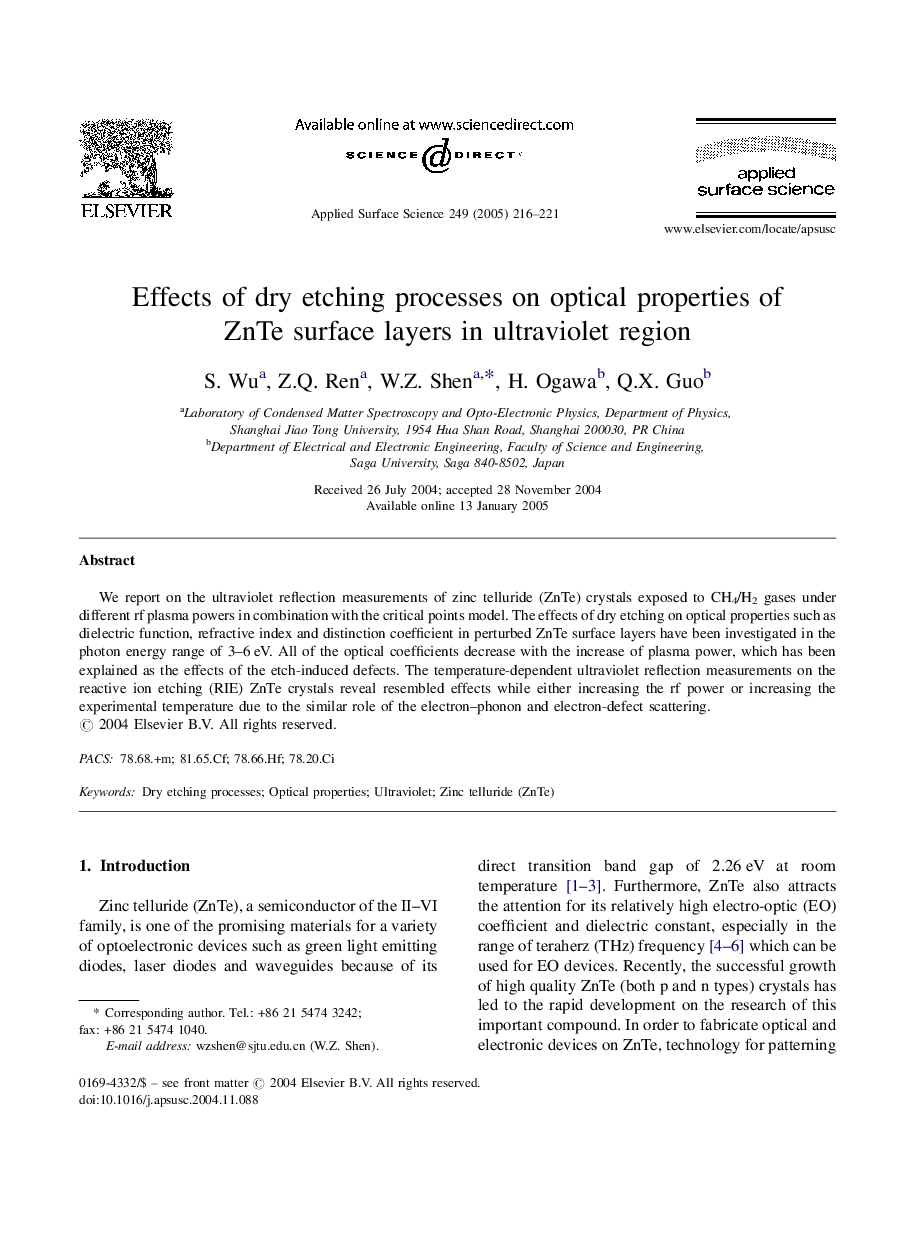 Effects of dry etching processes on optical properties of ZnTe surface layers in ultraviolet region