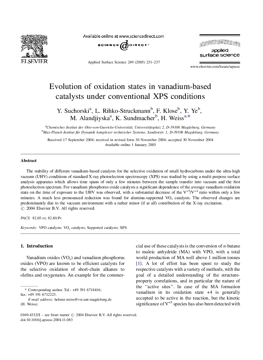 Evolution of oxidation states in vanadium-based catalysts under conventional XPS conditions