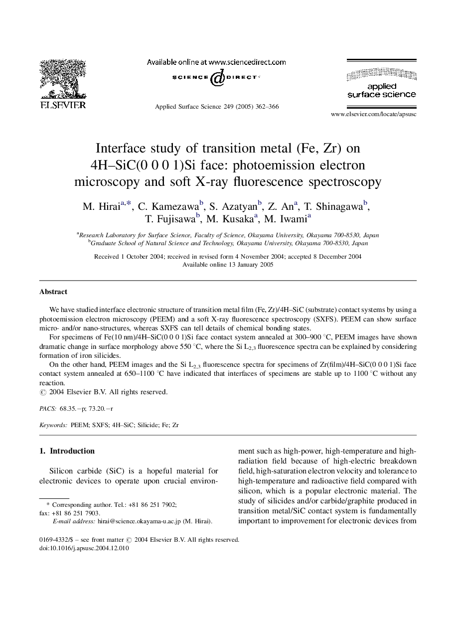 Interface study of transition metal (Fe, Zr) on 4H-SiC(0Â 0Â 0Â 1)Si face: photoemission electron microscopy and soft X-ray fluorescence spectroscopy