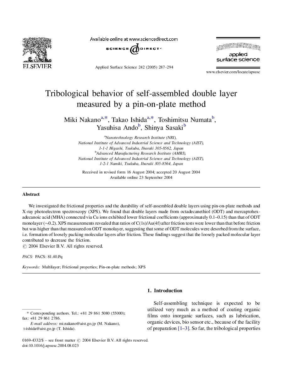 Tribological behavior of self-assembled double layer measured by a pin-on-plate method