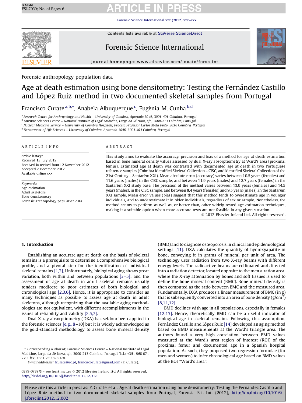 Age at death estimation using bone densitometry: Testing the Fernández Castillo and López Ruiz method in two documented skeletal samples from Portugal