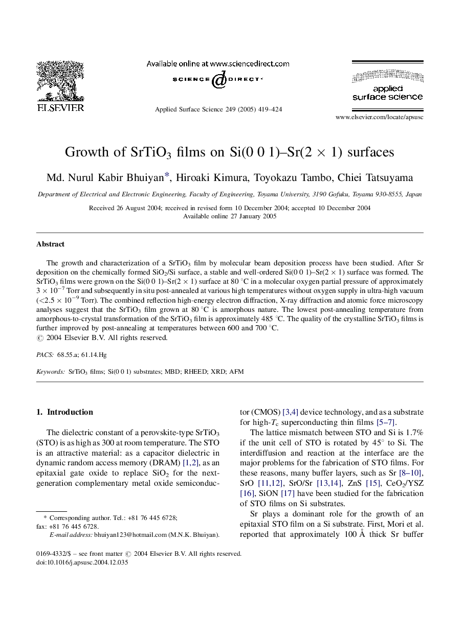 Growth of SrTiO3 films on Si(0Â 0Â 1)-Sr(2Â ÃÂ 1) surfaces