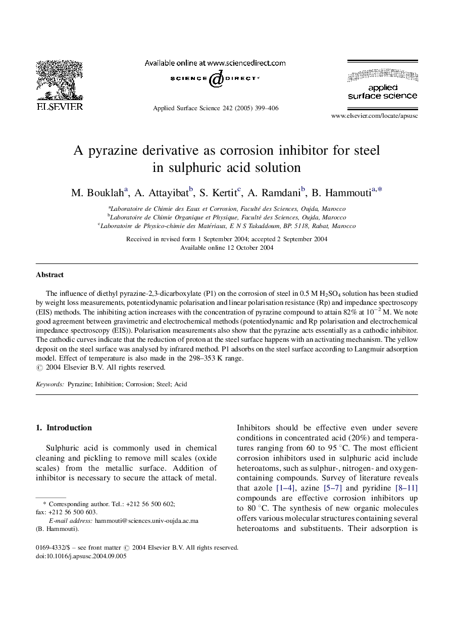 A pyrazine derivative as corrosion inhibitor for steel in sulphuric acid solution