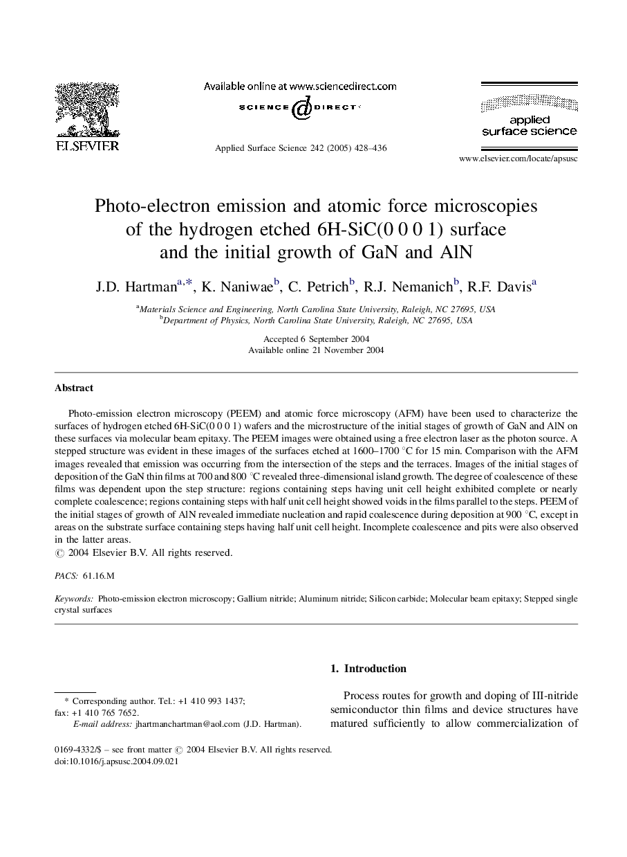 Photo-electron emission and atomic force microscopies of the hydrogen etched 6H-SiC(0Â 0Â 0Â 1) surface and the initial growth of GaN and AlN