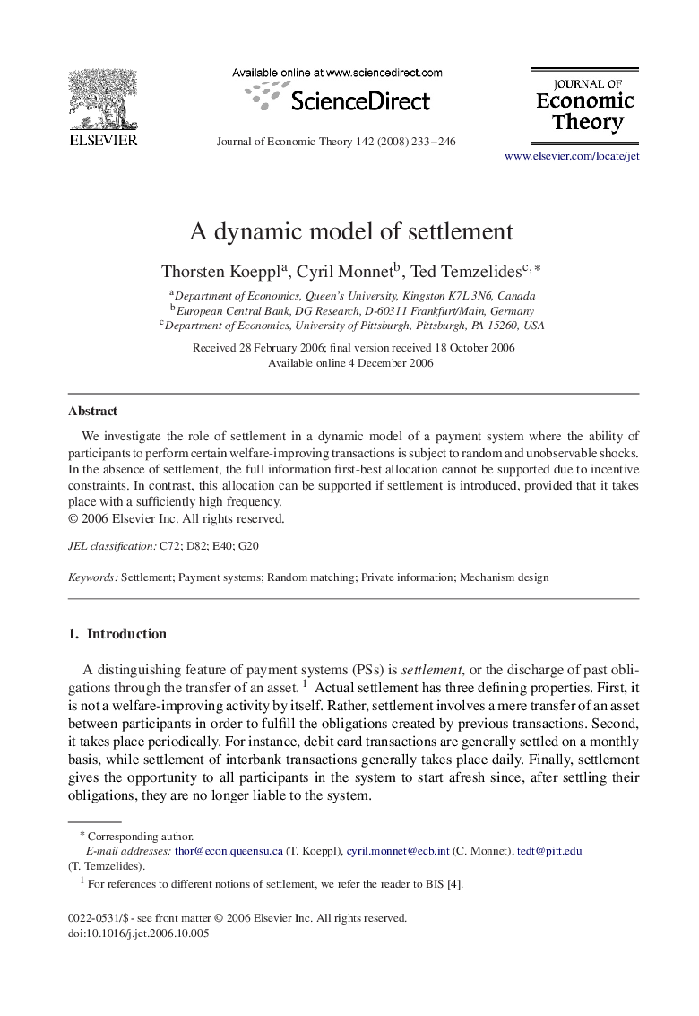 A dynamic model of settlement